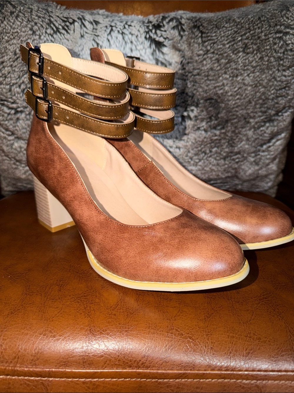 Women’s Brown Block Heel Ankle-Strap Pumps
